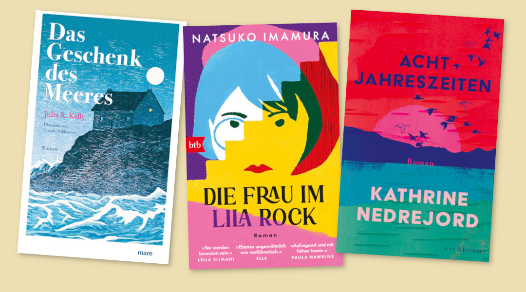 Drei Buchcover hintereinander: das erste zeigt ein Haus am Meer, das zweite das Gesicht einer Frau in abstrakter Form und das letzte einen farbenprächtigen Sonnenuntergang.